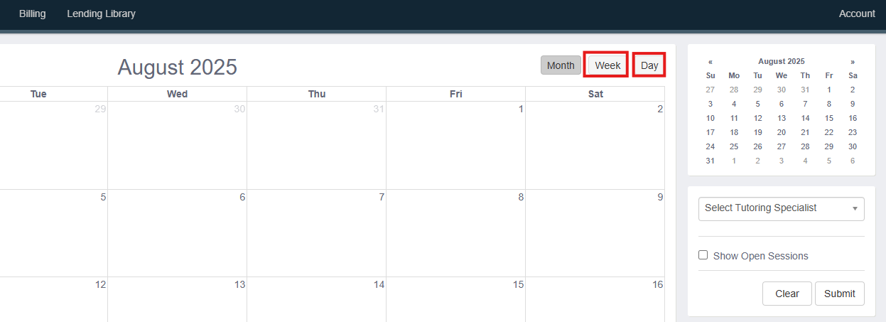 Screenshot of the scheduling portal showing the buttons to click to change to week view or day view.