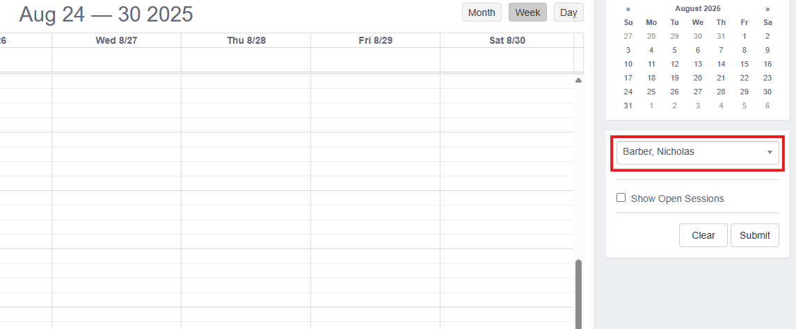 Screenshot of the scheduling portal showing how to select an instructor to view their availability